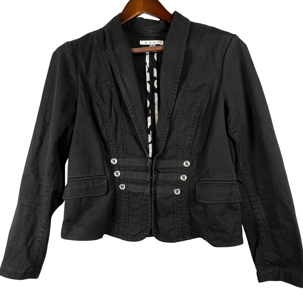 Cabi Military Officer Jacket 10 Black Cotton Stretch Hook Eye Tailored Moto